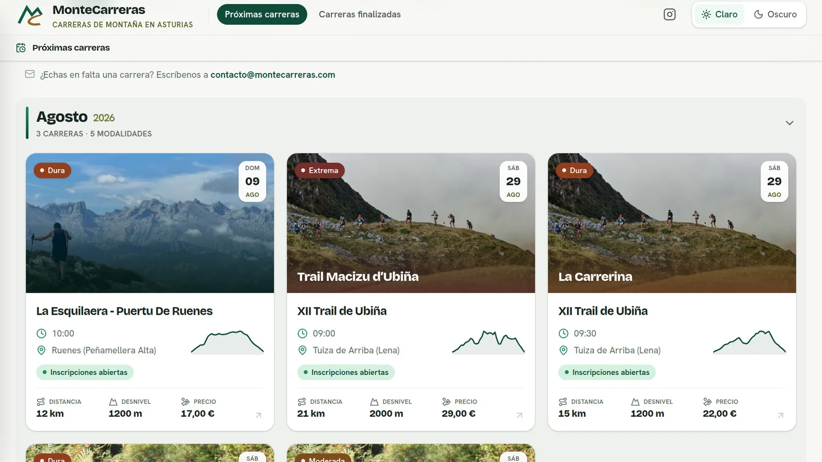 MonteCarreras, a trail-running race calendar for Asturias